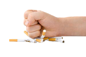 A fist smashing a bunch of cigarettes